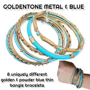 Women's 8 Goldentone metal bangle bracelets metal wire wrap blue turquoise beads
